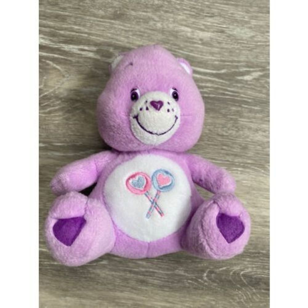 Care Bears Sitting Share Bear Purple Bear Plush 2003 Nanco 6" Heart Lollipops